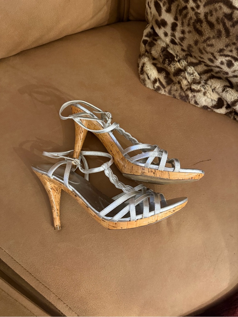 Lauren Ralph Lauren Silver Strappy Cork-Heel Sandals